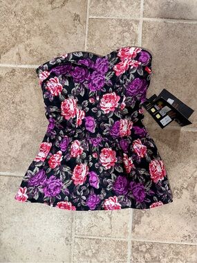 Black Floral Strapless Peplum top - Purple & Pink Roses